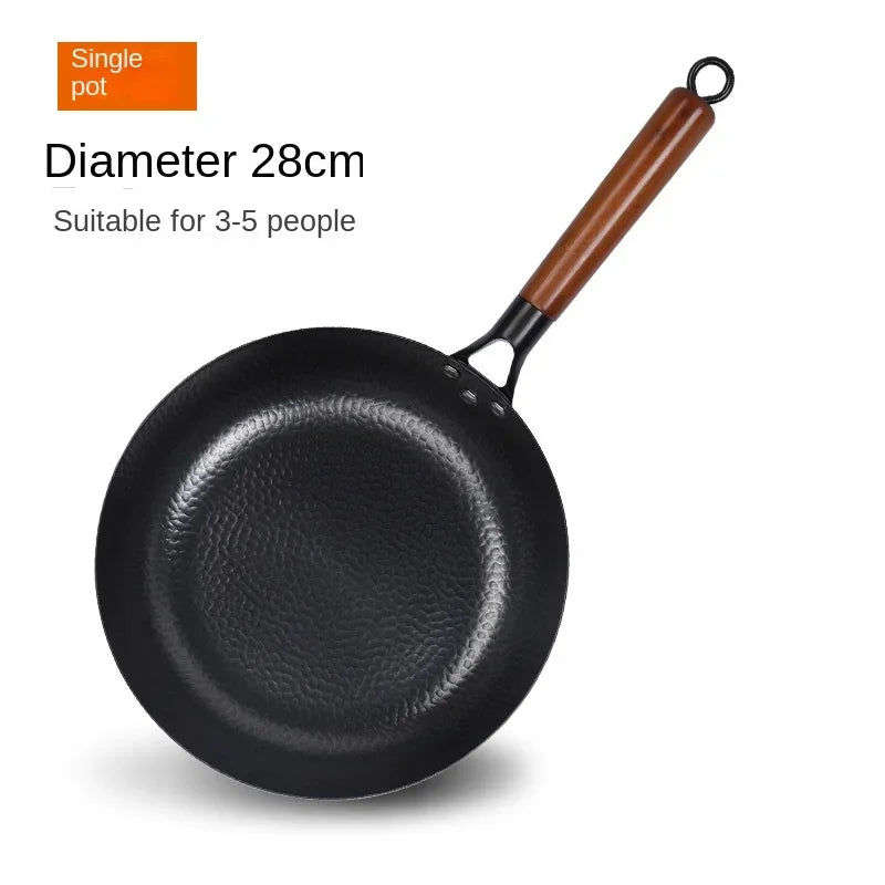 30cm Frying Pan Cast Iron Pan Uncoated Kitchen Cookware with Anti-scald Wooden Handle for Gas Stove Induction Cooker