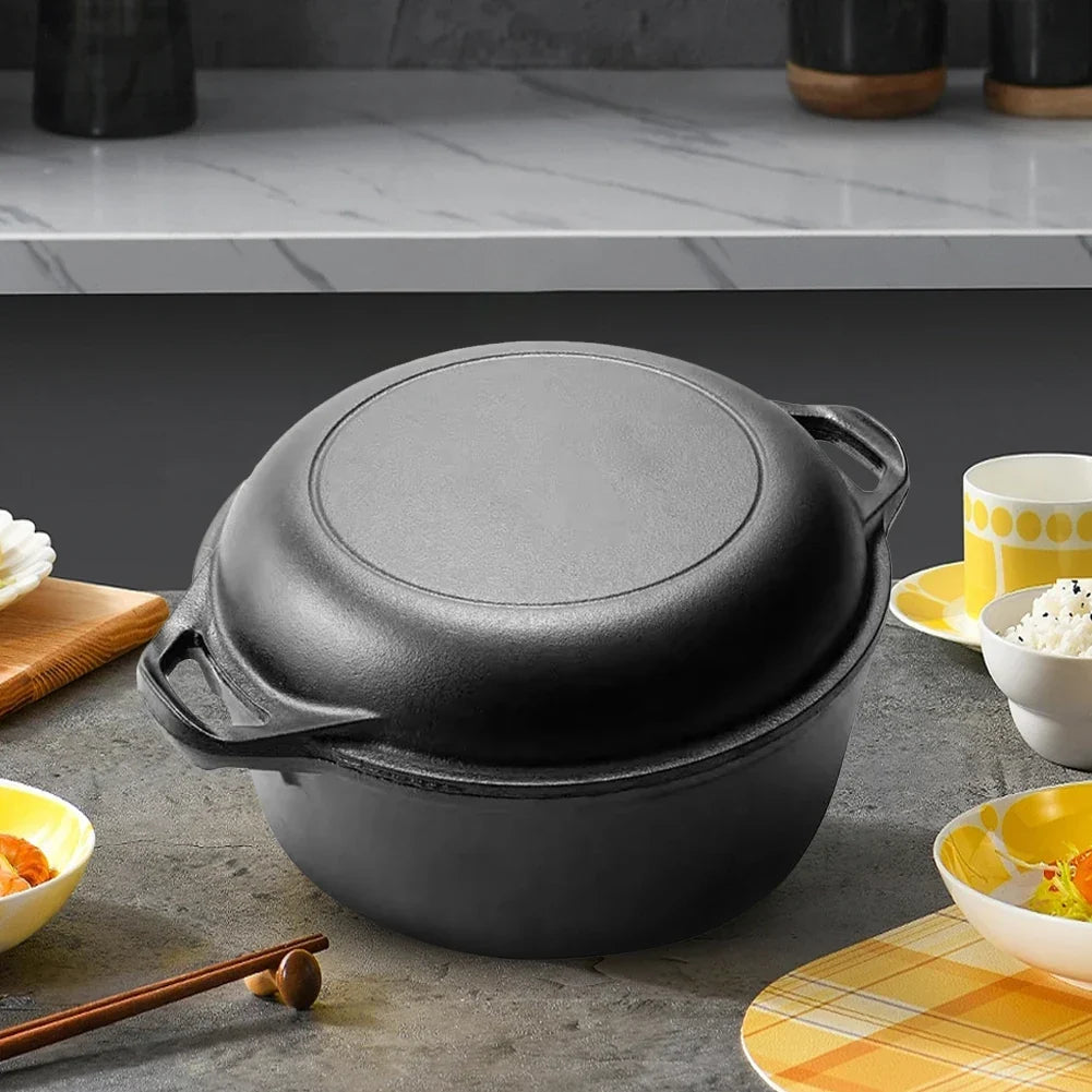 2 in 1 Cast Iron Dutch Oven with Skillet Lid Skillet Cookware Pan Set with Dual Handles for Bread Frying Baking