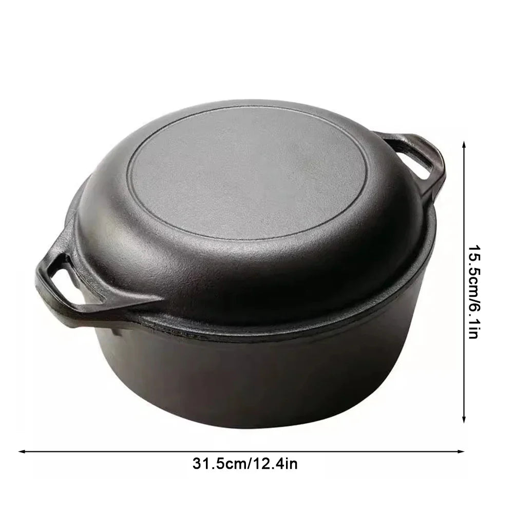 2 in 1 Cast Iron Dutch Oven with Skillet Lid Skillet Cookware Pan Set with Dual Handles for Bread Frying Baking